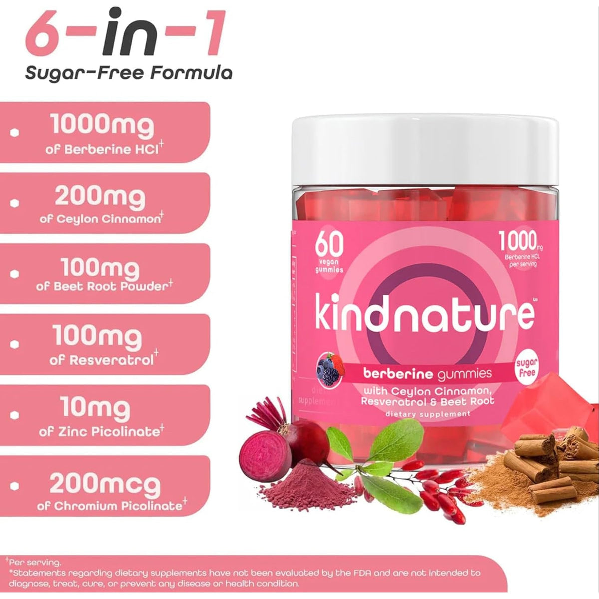 Kindnature Berberine Gummies 1000Mg with Ceylon Cinnamon & Resveratrol – 6-In-1 Blood Sugar Support Supplement – Metabolism & Weight Wellness – Sugar-Free, Vegan, Non-Gmo