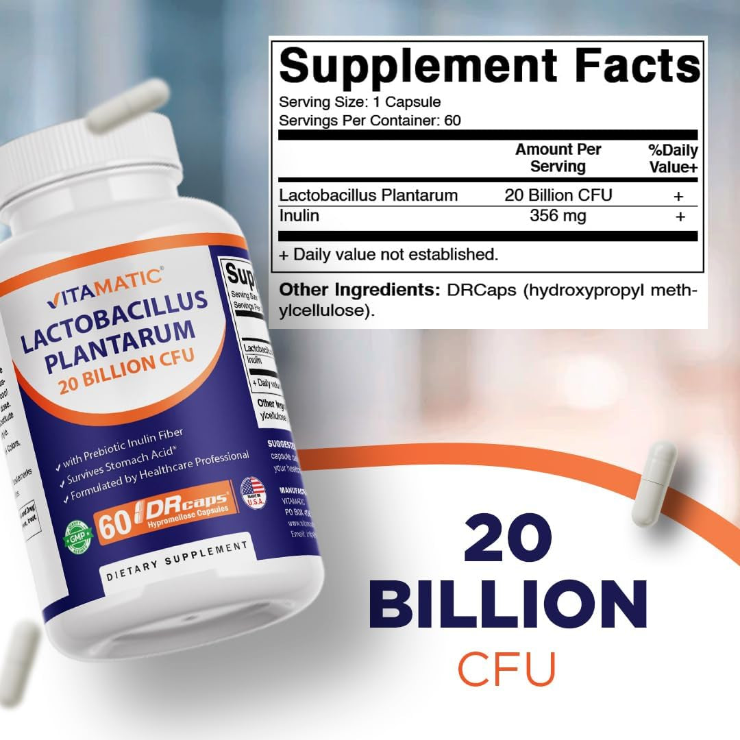 Vitamatic Lactobacillus Plantarum - 20 Billion per DR Capsule - 60 Count - Digestive Support - Made with Prebiotic Inulin Fiber