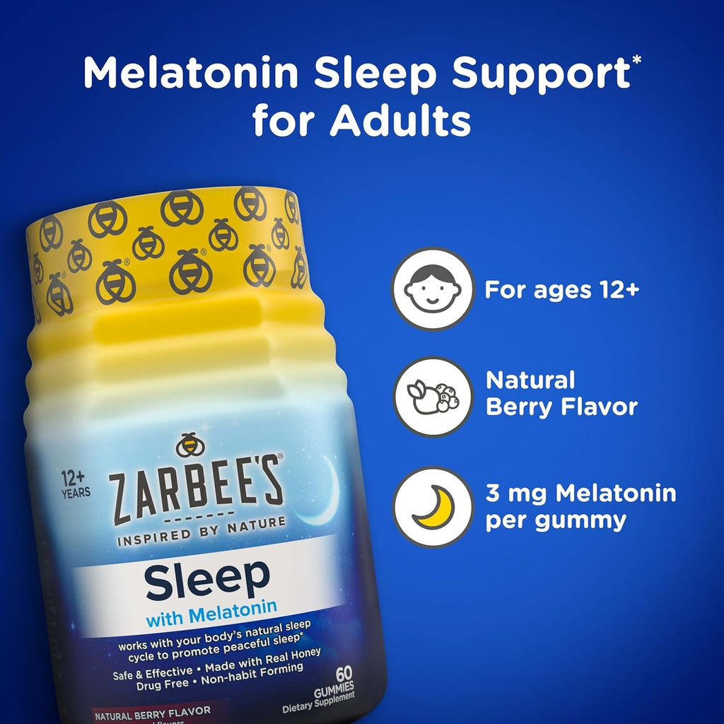 Zarbee'S Melatonin Gummies 3Mg Sleep Supplement to Promote Peaceful Sleep, Natural Mixed Fruit Flavor, Adults Gummy Age 12 Up, 60 Count