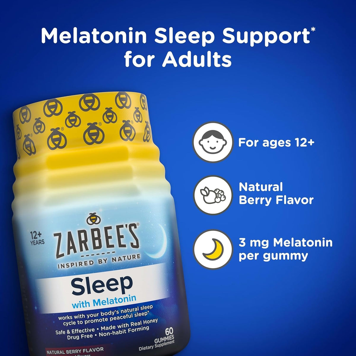 Zarbee'S Melatonin Gummies 3Mg Sleep Supplement to Promote Peaceful Sleep, Natural Mixed Fruit Flavor, Adults Gummy Age 12 Up, 60 Count