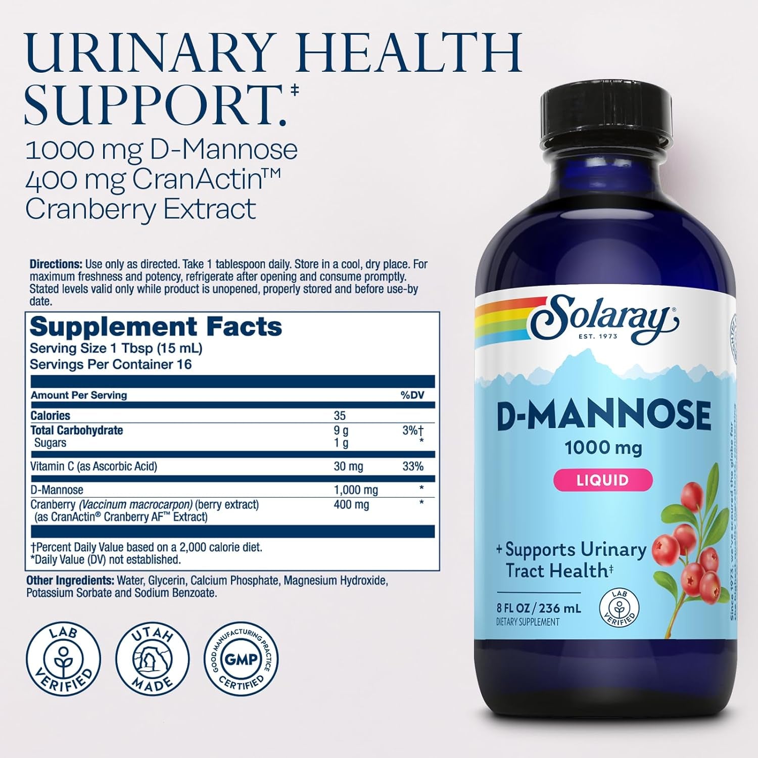 SOLARAY D-Mannose 1000 Mg Liquid Formula with Cranactin Cranberry Extract - D Mannose Cranberry Supplement for Women & Men, Urinary Tract & Bladder Health Support with Vitamin C - 8 Fl Oz