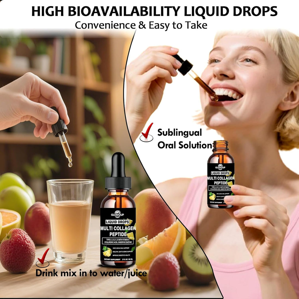 Multi Collagen Peptides Liquid Drops for Women & Men-Type I, II, III, V, X丨Hydrolyzed Collagen Peptides, Collagen Proteins W. Hyaluronic Acid, Biotin & Vitamin C for Hair Skin & Joint Gut Health