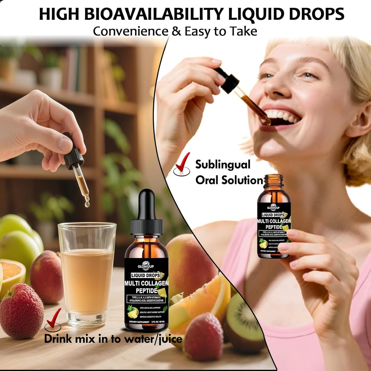 Multi Collagen Peptides Liquid Drops for Women & Men-Type I, II, III, V, X丨Hydrolyzed Collagen Peptides, Collagen Proteins W. Hyaluronic Acid, Biotin & Vitamin C for Hair Skin & Joint Gut Health