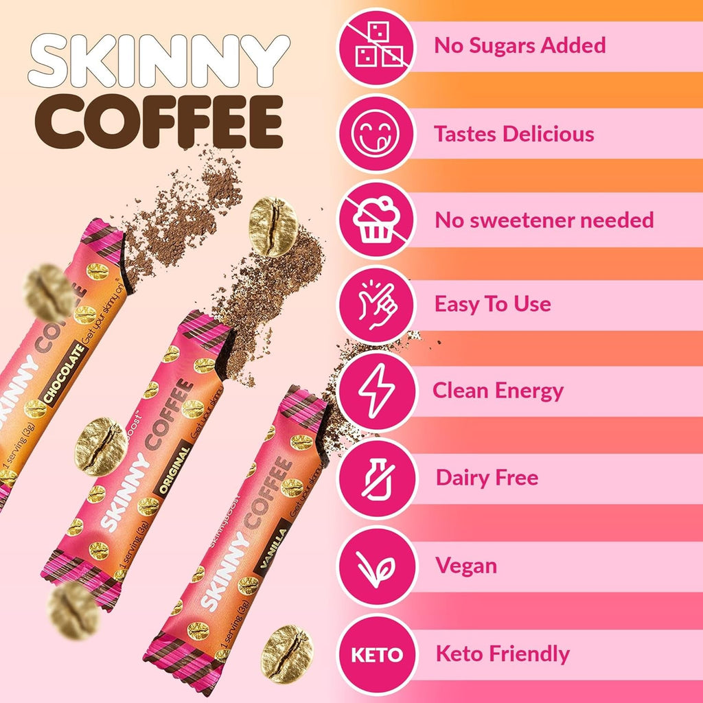 Skinny Boost Instant Skinny Coffee Sticks (Vanilla) - Made with Arabica Coffee Beans, Garcinia Cambogia, Green Tea Extract, B Vitamins, Fiber and Prebiotics –Sugar Free-Keto Friendly (28 Packets)