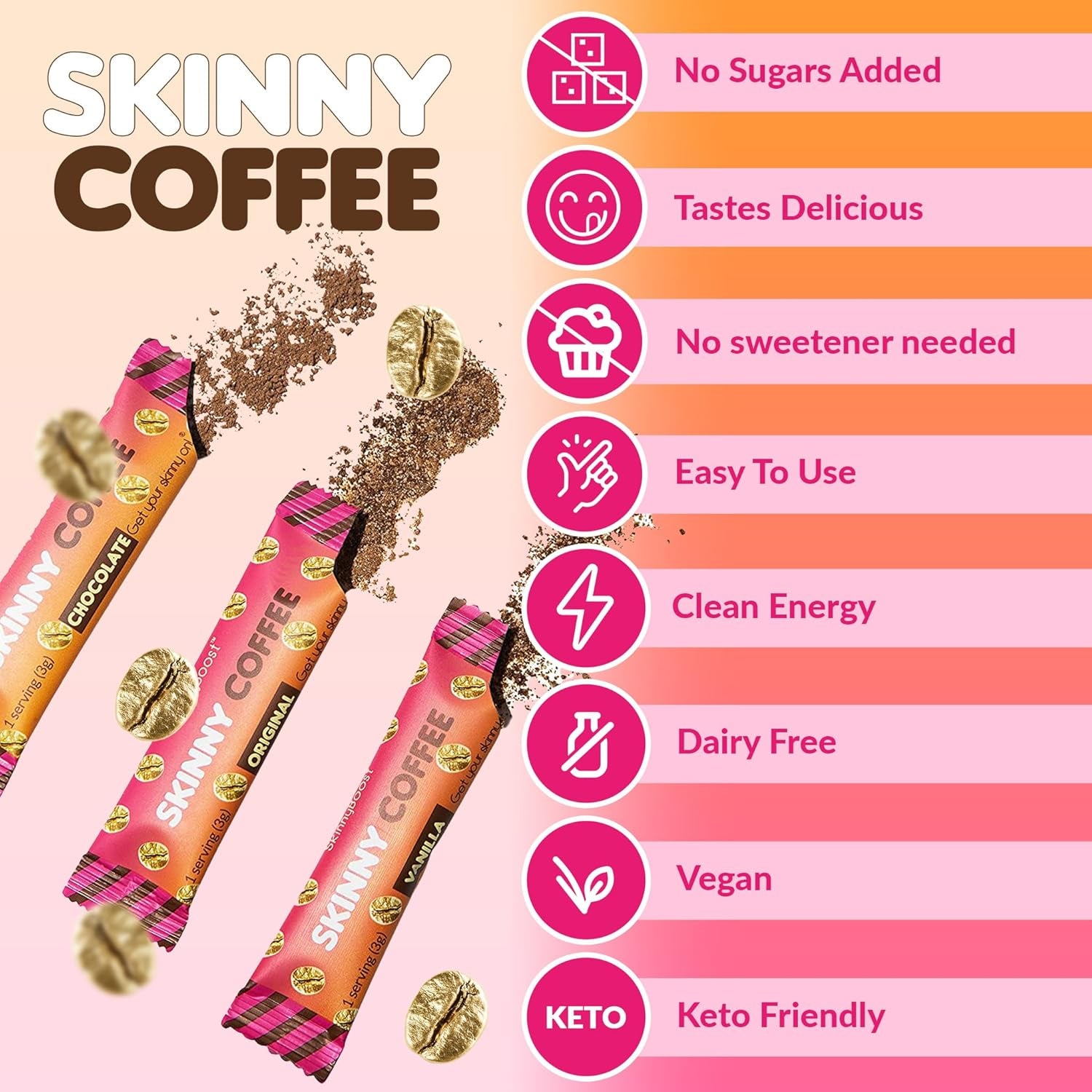 Skinny Boost Instant Skinny Coffee Sticks (Vanilla) - Made with Arabica Coffee Beans, Garcinia Cambogia, Green Tea Extract, B Vitamins, Fiber and Prebiotics –Sugar Free-Keto Friendly (28 Packets)