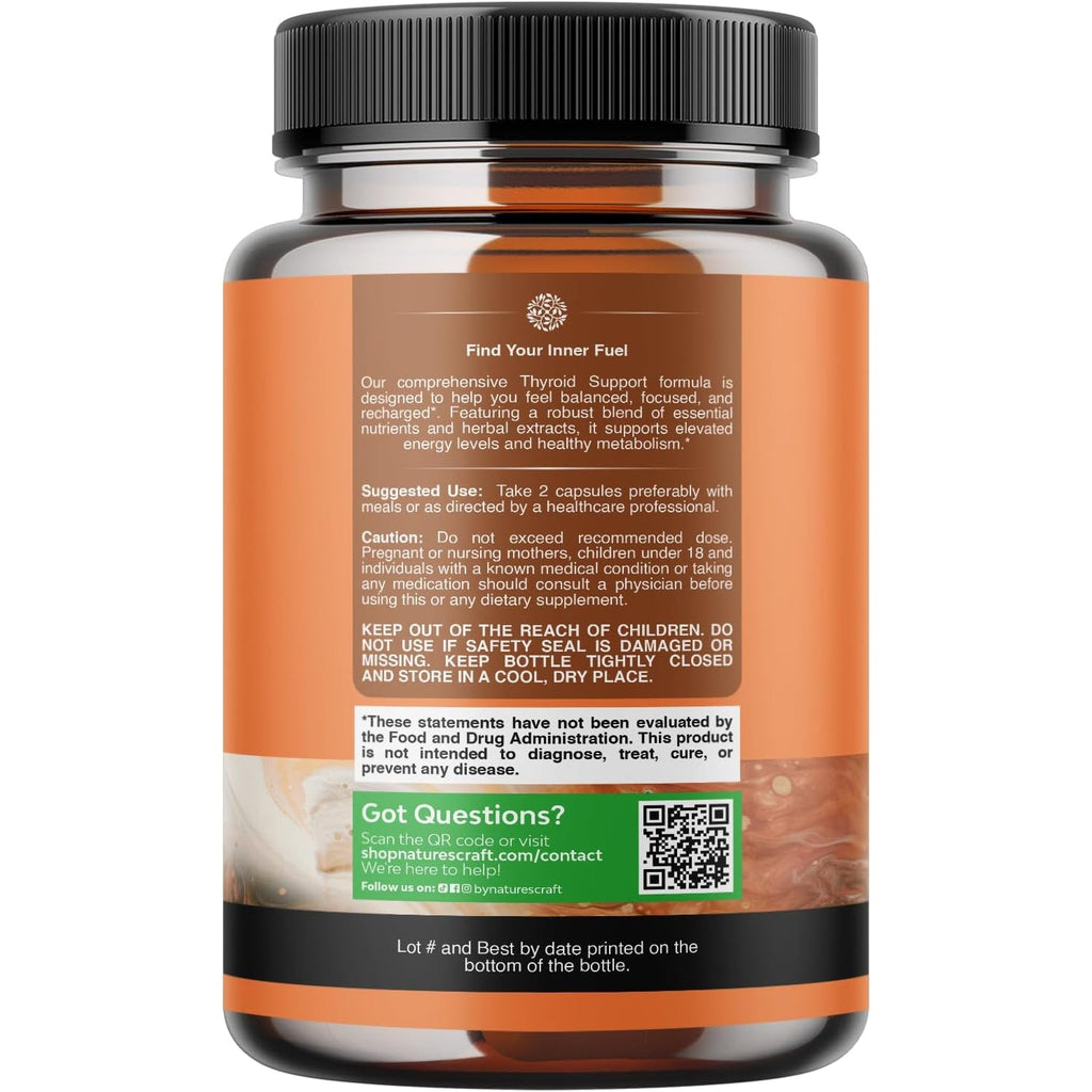 Natures Craft Herbal Thyroid Support Complex - Potent Kelp Iodine Supplement with L Tyrosine, Bladderwrack, Selenium & Ashwagandha for Hormone Balance - Mood & Energy Dietary Pills - 60 Count