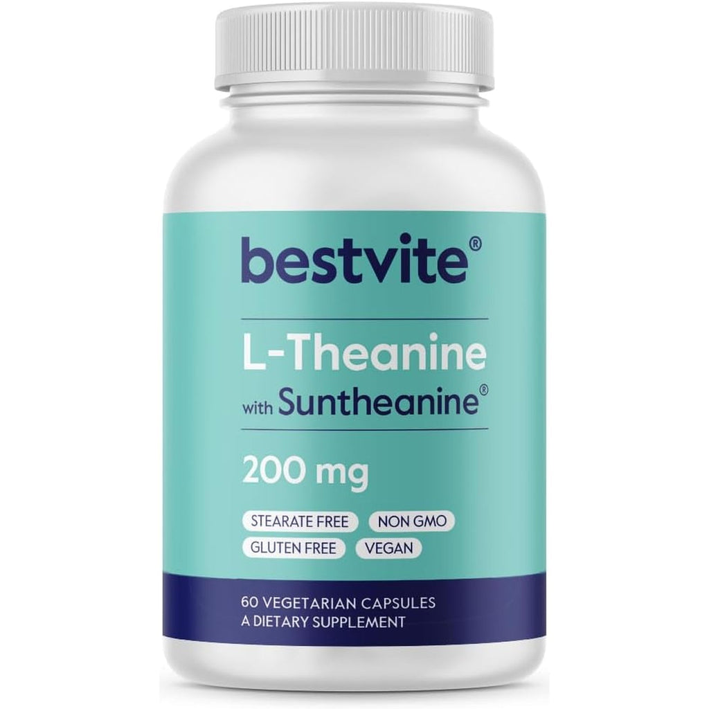 BESTVITE Double Strength Suntheanine L-Theanine 200Mg – Patented & Clinically Studied – 60 Vegetarian Capsules – Vegan – No Stearates – Non GMO – Gluten Free – Relaxation Support