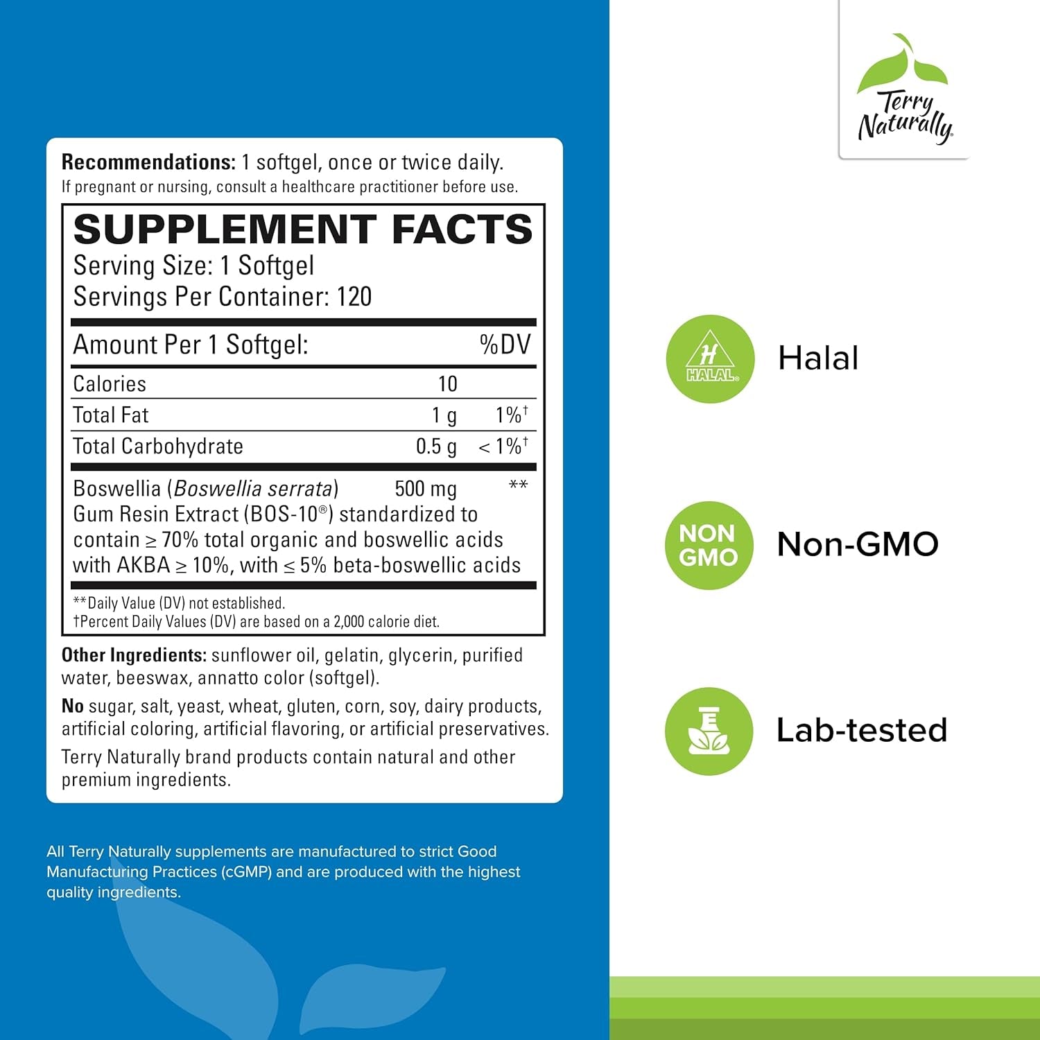 Terry Naturally Bosmed 500 Extra Strength - Boswellia Serrata Extract Supplement - Supplement for Healthy Lung Support - Herbal Supplement Formula with High Levels of AKBA - 120 Softgels