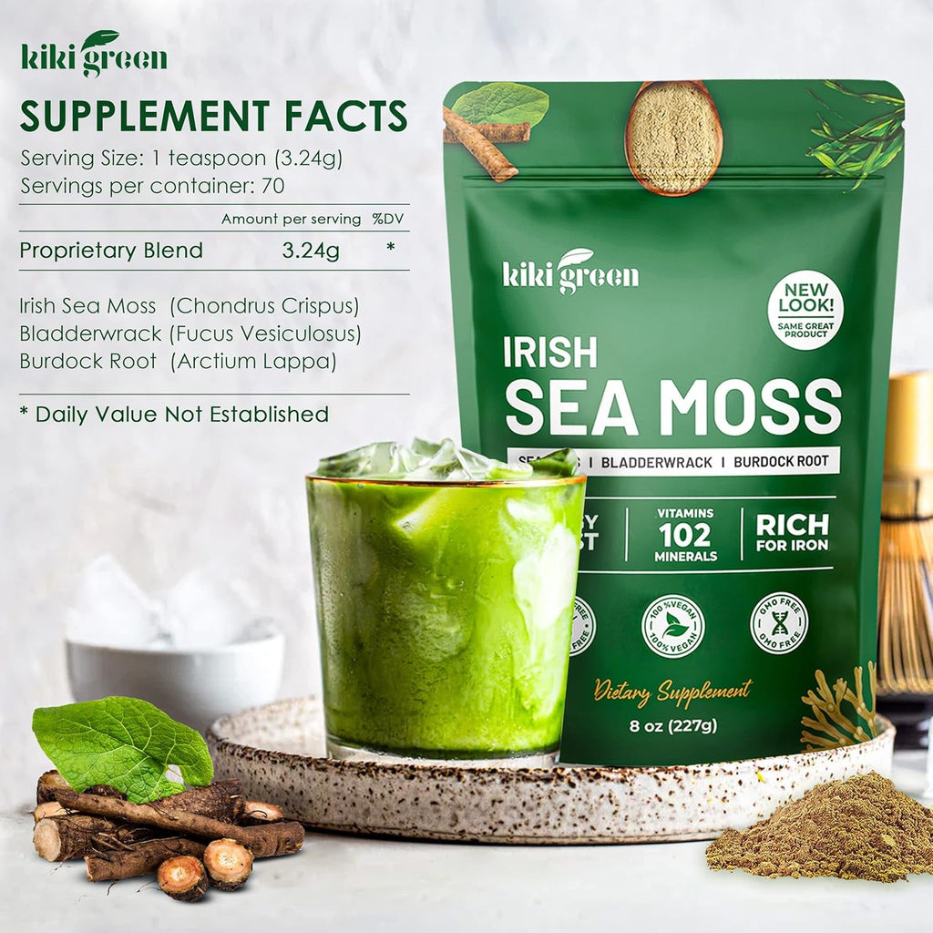 KIKI Green Irish Sea Moss Powder 8 Oz - with Bladderwrack Burdock Root Extract for Immune Support - Keto, Vegan Supplement