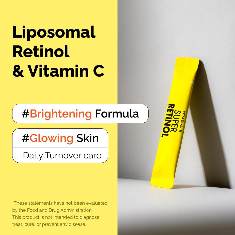 VITALBEAUTIE Super Retinol - Ingestible Liposomal Retinol & Vitamin C 1000Mg Powder - Vegan K-Beauty Skin Supplement for Radiant Glass Skin & Tone, Dark Spot Care, 30 Packets