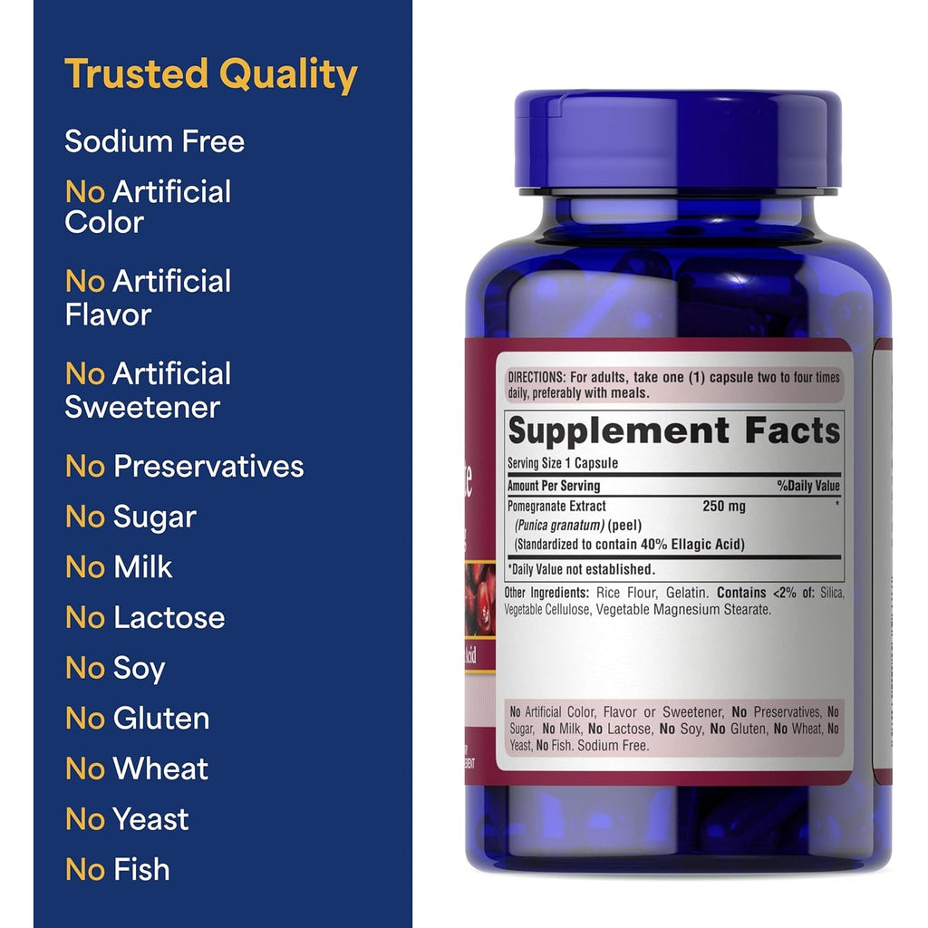 Puritan'S Pride Premium Pomegranate Extract 250Mg, Dietary Supplement for Antioxidant Health and Healthy Aging Program, 40% Ellagic Acid,120 Rapid Release Capsules (Packaging May Vary)