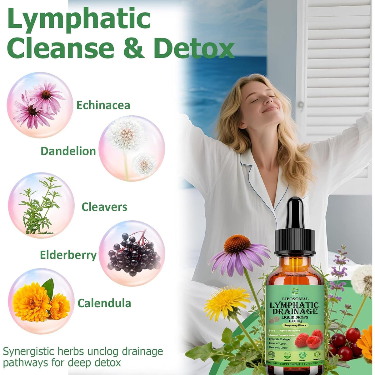 Lymphatic Drainage Drops, 18-In-1 Herbal Lymph System Support W. Echinacea Elderberry Dandelion Burdock Root Cleavers for Lymphatic Cleanse Detox Immune Support, Liposoaml for Max Absorption