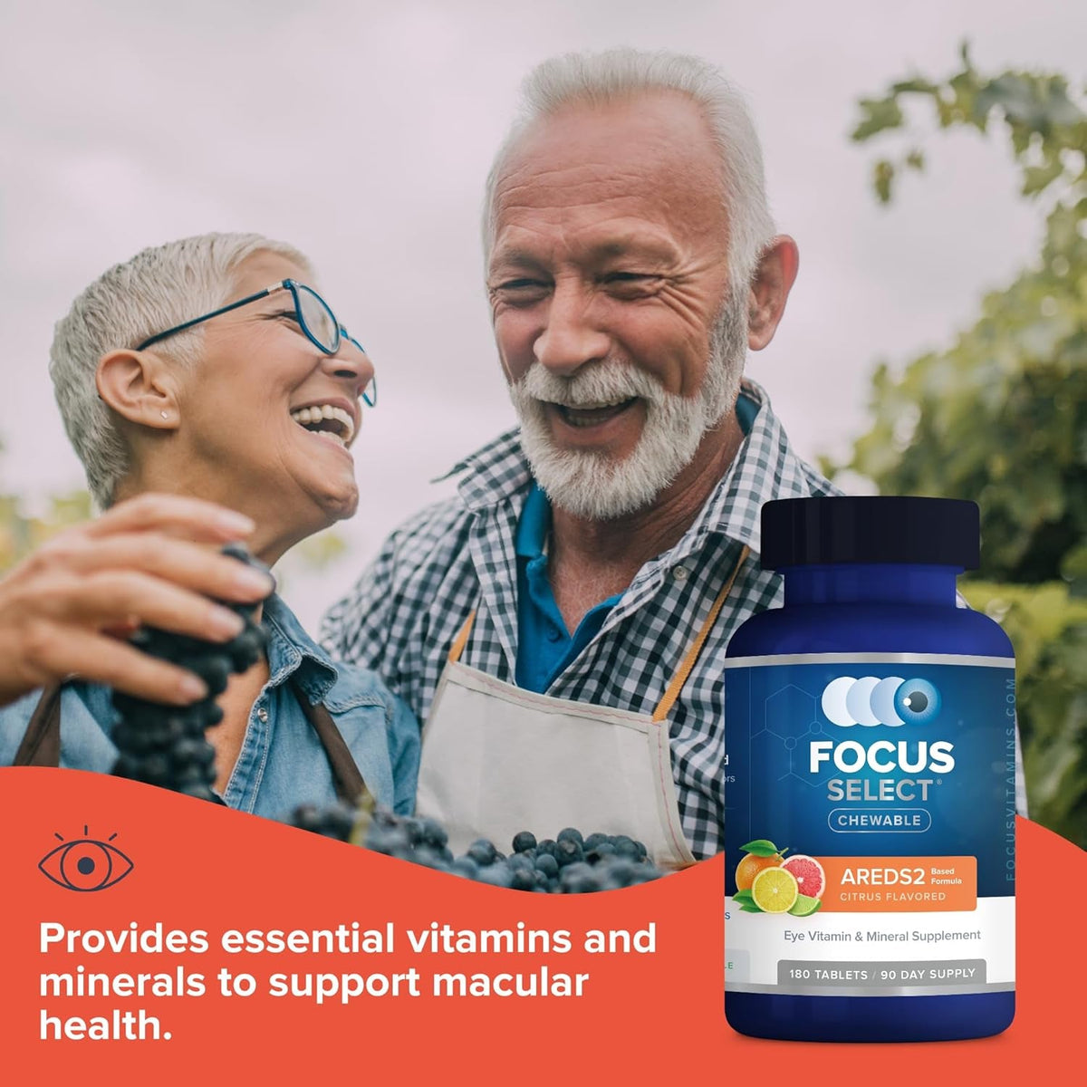 Focus Select AREDS2 Based Chewable Eye Vitamin-Mineral Supplement for Eyes (180 Ct. 90 Day Supply) Citrus Flavored Eye Chewable - Low Zinc Formula
