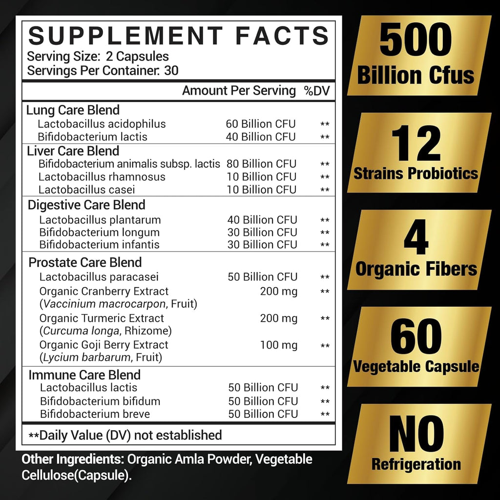 Probiotics for Men 500 Billion CFU, 16 in 1 Advanced Mens Probiotics for Digestive Health, Lmmune & Metabolism, Prostate & Urinary, Gut Health - Men'S Probiotic with Turmeric, Cranberry, Goji, 60 Caps