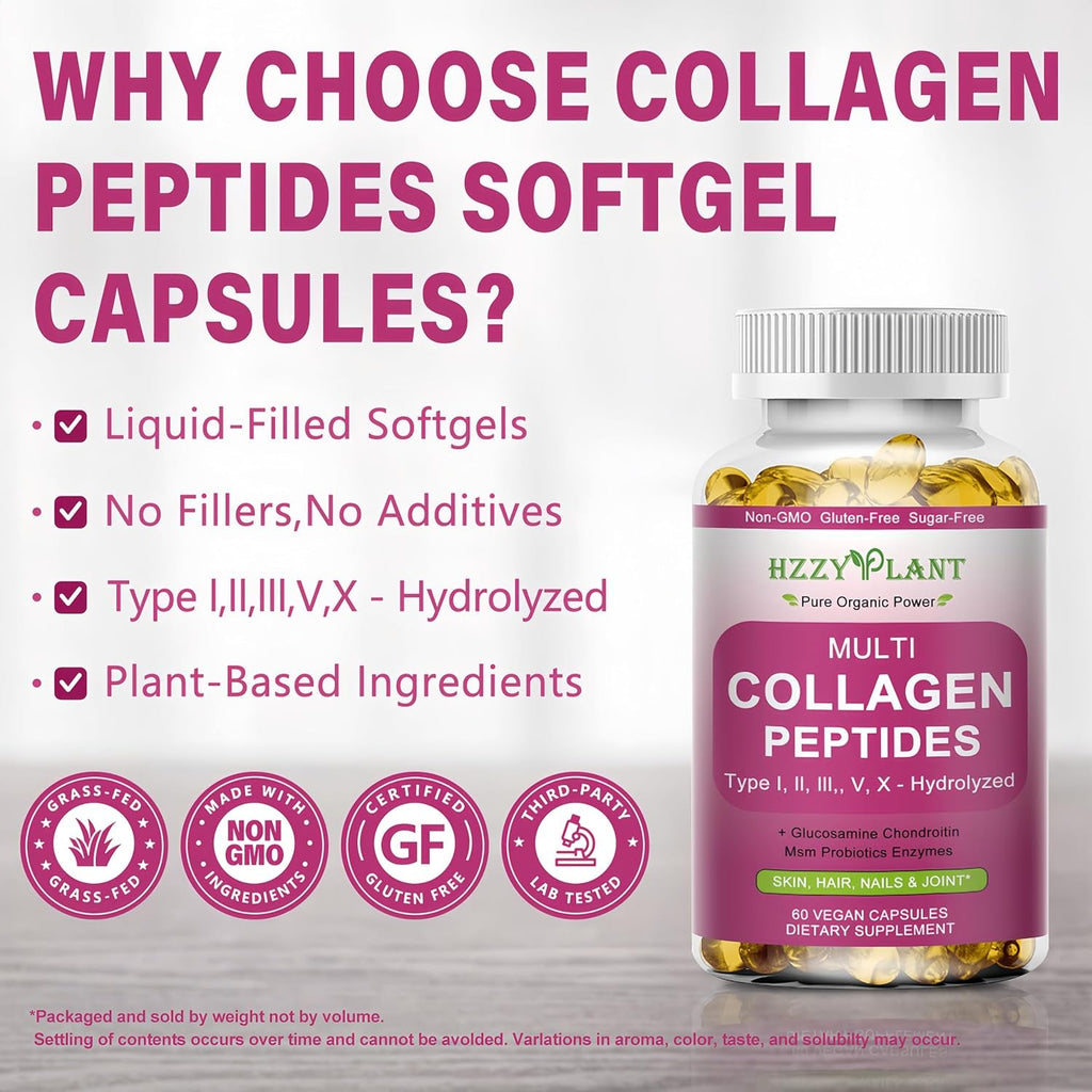 Multi Collagen Peptides Softgel - Type I, II, III, V, X - Hydrolyzed Collagen Peptides with Biotin Vitamin C Hyaluronic Acid for Women & Men, Supports Skin Hair Nail & Joint, Non-Gmo, 60 Servings