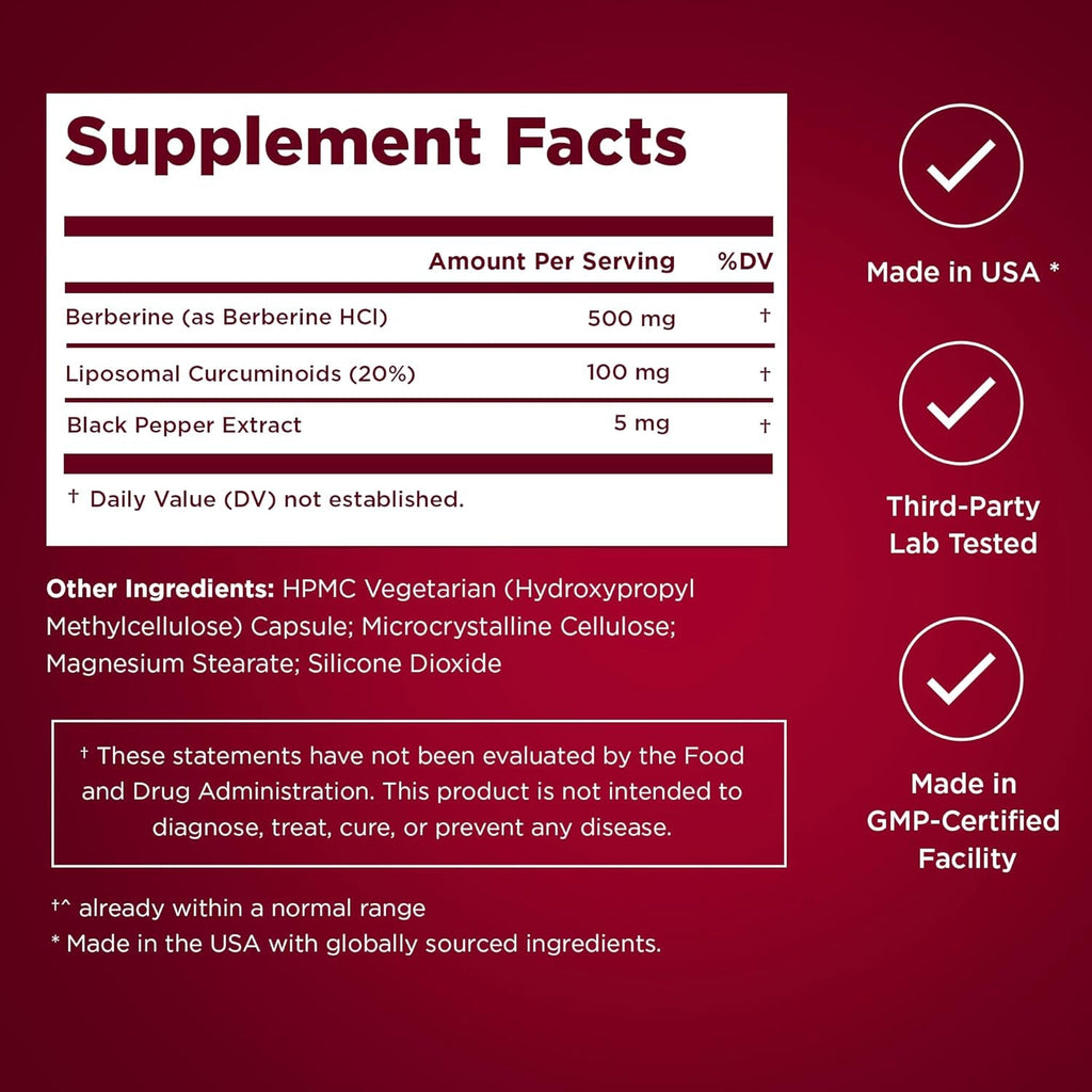Liposomal Berberine HCL Capsules Supplement for Men and Women - 60 Capsules, 30 Servings - Third Party Tested, Made in USA