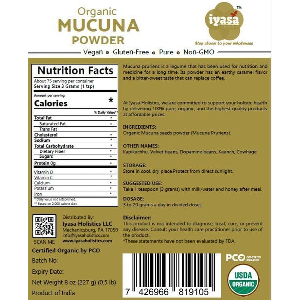 Mucuna Pruriens Powder 8 Oz - USDA Organic Velvet Beans - Natural Superfood Powder - Supports Vitality, Mental Clarity & Routine Wellness - Mucuna Pruriens Supplements by Iyasa Holistics