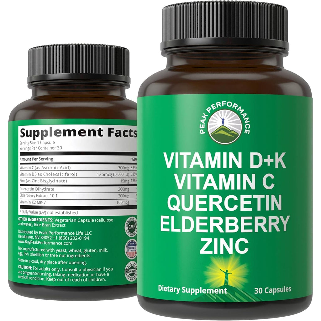 Peak Performance Immune Support Supplement - 6 Top Ingredients Vitamin D3 K2, Vitamin C, Elderberry, Zinc, Quercetin - Includes 5000 IU Vitamin D - Immunity Capsules - Supplements for Women and Men