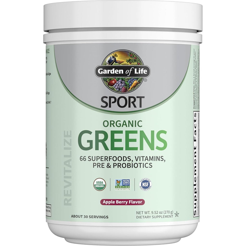 Garden of Life Sport Nutrition Greens and Superfoods Powder for Women and Men - Apple Berry, Organic Blend - Spirulina, Fruit, Vitamins, Pre & Probiotics, Mushrooms, Athletic Supplements, 30 Servings