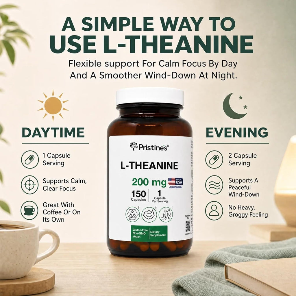 PRISTINE'S L Theanine 200Mg Supplement Capsules - 3Rd Party Tested Non GMO -150 Day Supply - Relaxation & Sleep Quality Support Capsules - Vegan, Cgmp Facility & Gluten Free Glass Bottles