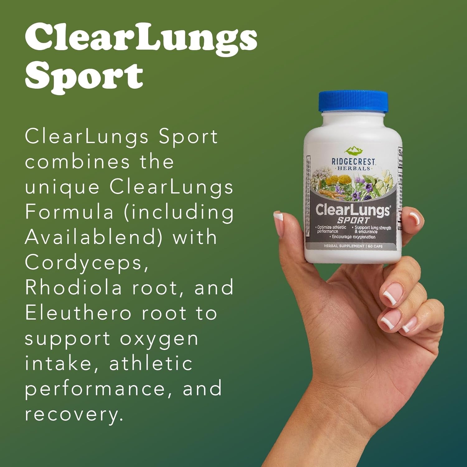 Ridgecrest Herbals Clearlungs Sport, Oxygen Intake and Lung Support Formula with Cordyceps, Rhodiola, Eleuthero (60 Vegan Caps, 30 Serv)