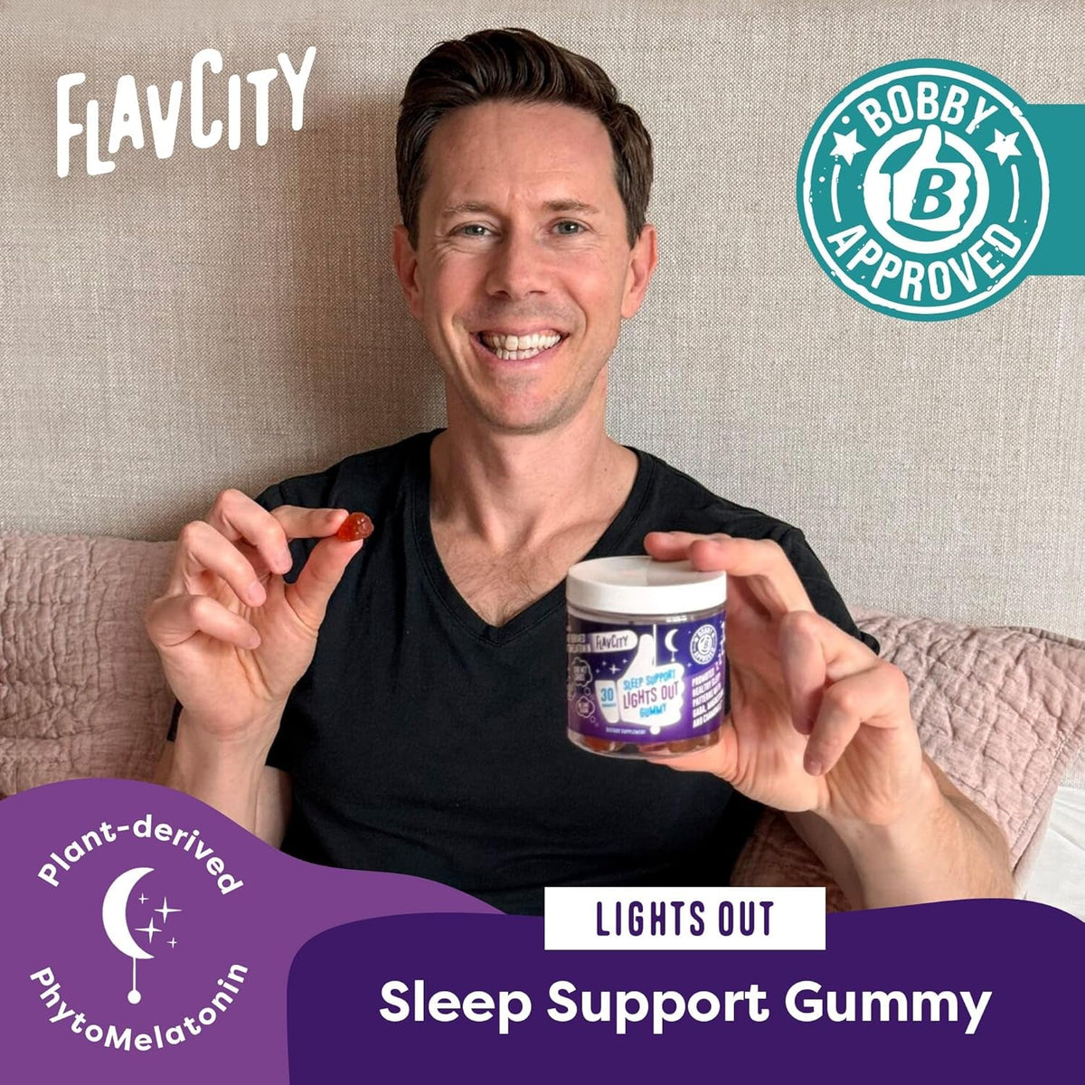 Flavcity Melatonin Sleep Gummies for Adults, Lights Out Gummy - Chewable Sleep Support Supplement with Plant-Based GABA, Magnesium & Chamomile for Deep & Restful Bedtime, 30-Day Supply