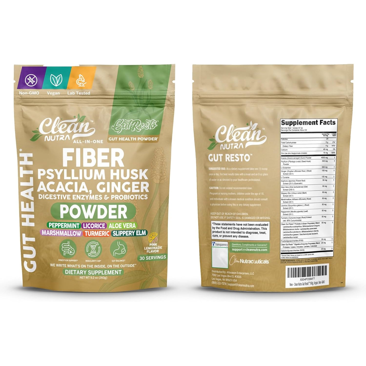 Gutresto Fiber Supplement Psyllium Husk Powder Probiotic Gut Health Digestive Enzymes Prebiotic L-Glutamine Slippery Elm Aloe Vera Marshmallow Root Turmeric Ginger Peppermint by Clean Nutra 30 Svgs