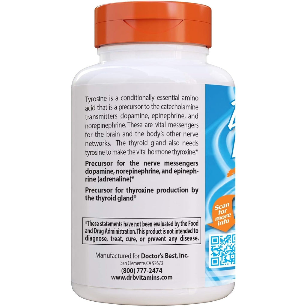 Doctors Best L Tyrosine Supplement for Men & Women - L-Tyrosine 500Mg Capsules, Brain Support for Adults, Amino Acid Support 500 Mg, Precursor for Thyroxine Production by Thyroid - 120 Veg Caps