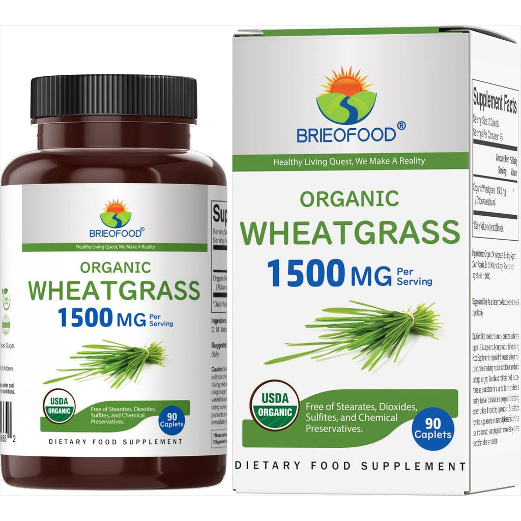 Brieofood Organic Wheatgrass 1500Mg, 45 Servings, Vegetarian, Gluten Free, 90 Vegetarian Tablets