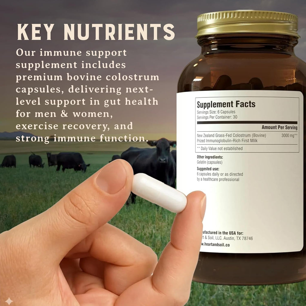 HEART & SOIL 100% Grass Fed & Finished Colostrum Supplement from Regenerative Cattle for Gut, Muscle & Immune Health – 3000Mg Bovine Colostrum Capsules - Gut Health for Men & Women –180 Capsules