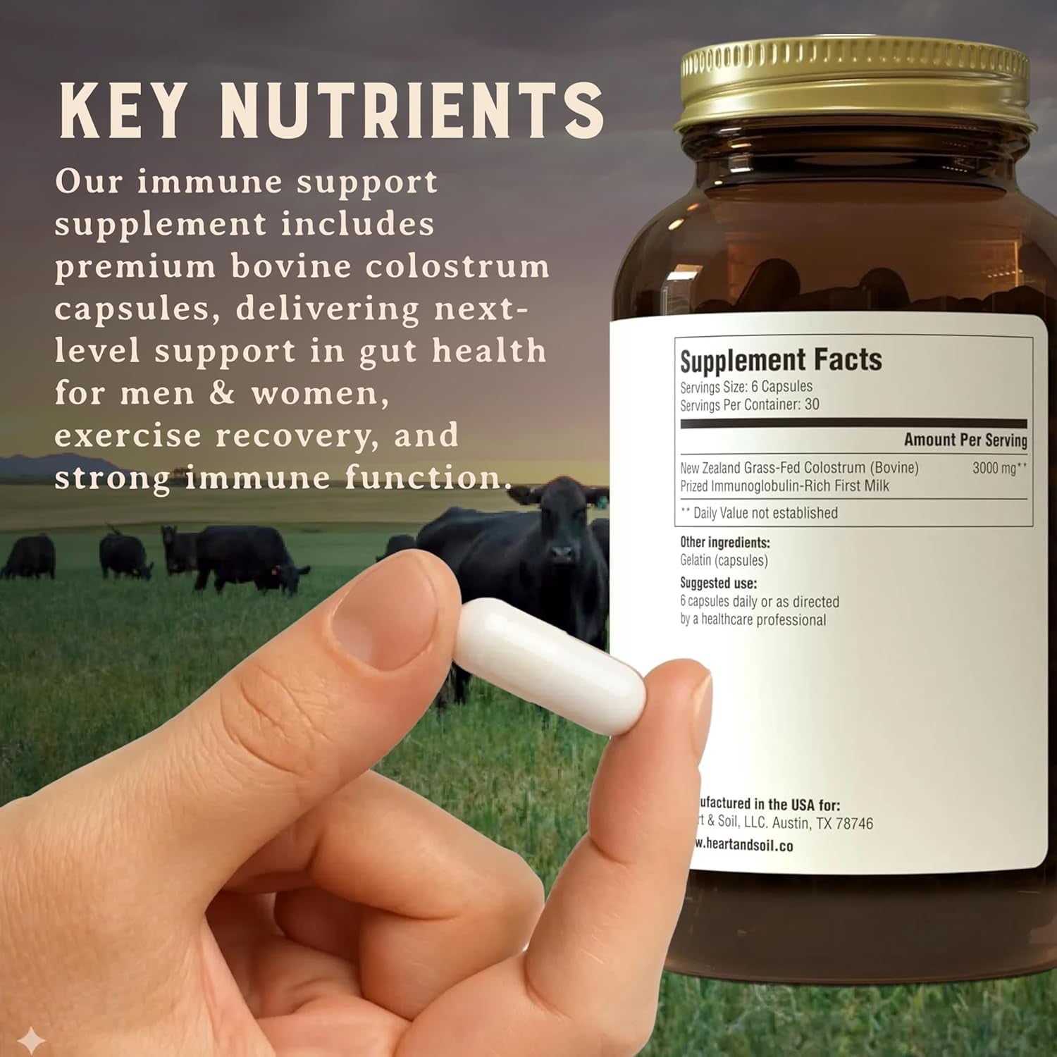 HEART & SOIL 100% Grass Fed & Finished Colostrum Supplement from Regenerative Cattle for Gut, Muscle & Immune Health – 3000Mg Bovine Colostrum Capsules - Gut Health for Men & Women –180 Capsules