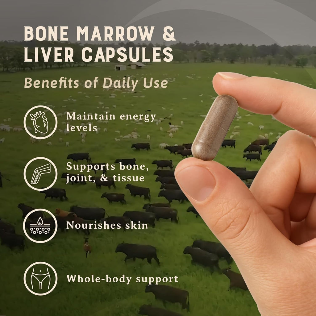 Heart & Soil – 100% Grass Fed & Finished Bone Marrow & Beef Liver from Regenerative Cattle – Supports Bones, Joints, Tissue & Skin – 3000Mg Libido Booster for Women & Men – Glass Bottle – 180 Capsules