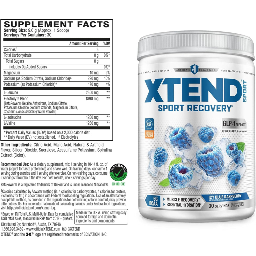 XTEND Sport BCAA Powder Blue Raspberry Ice - Electrolyte Powder for Recovery & Hydration with Amino Acids - 30 Servings