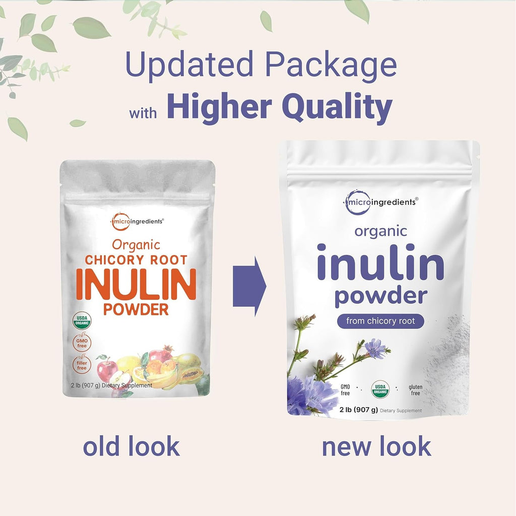 Micro Ingredients Organic Inulin Fiber Powder, 2Lb | Natural Prebiotic to Support Digestive & Gut Health | Soluble, Easily Digestible | Unflavored, Vegan