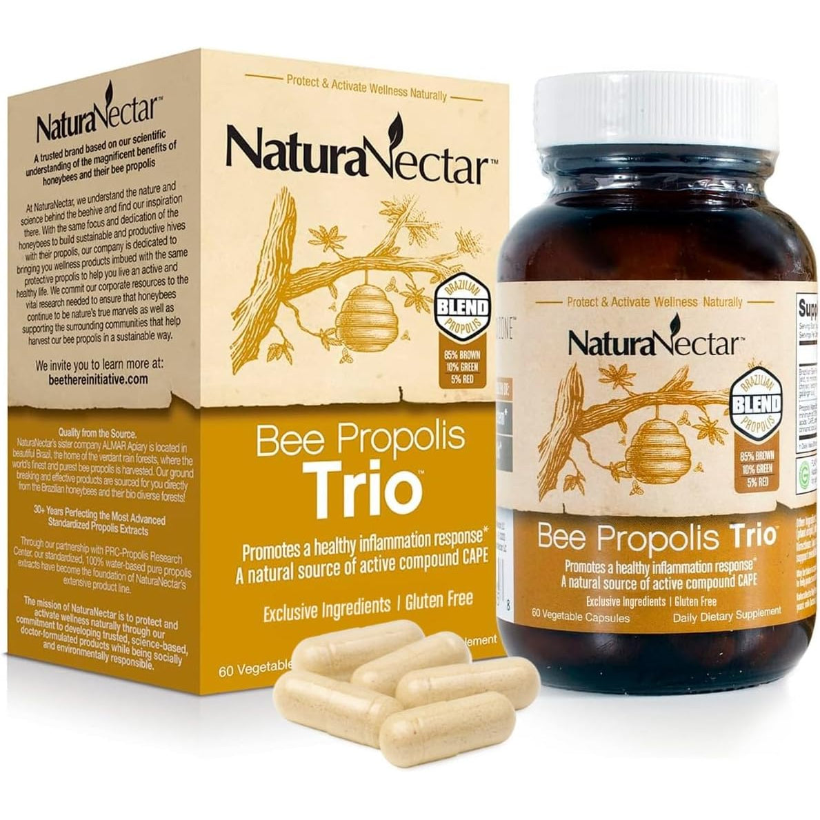 Naturanectar - Bee Propolis Trio Capsules, NSF Certified Premium Brazilian Propolis - Gluten-Free Supplements with More Diverse Flavonoids & PWE - Naturally Sourced through Ethical Beekeeping (60Pcs.)