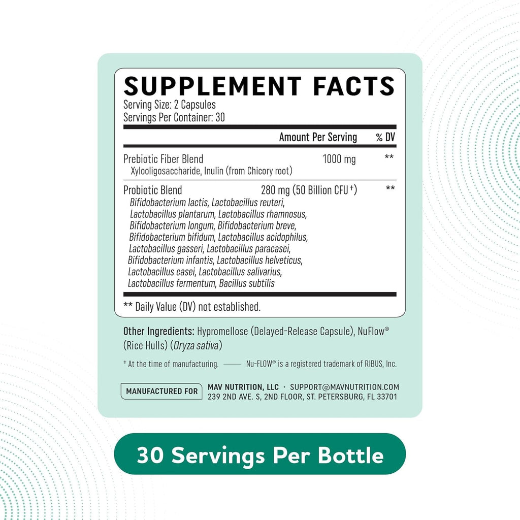 Prebiotics and Probiotics | 50 Billion CFU, 16 Probiotic Strains & Inulin Prebiotic Fiber | Delayed Release Capsules | Gut Health Support | Prebiotics and Probiotics for Women & Men | Non-Gmo | 60 Ct