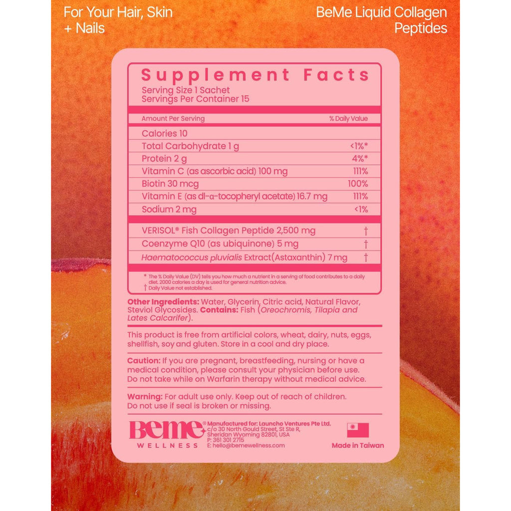Beme Liquid Collagen for Women - 2500Mg Verisol Collagen Liquid with Biotin, Coq10 & Vitamin C - Clinically Proven Collagen Peptides for Hair, Skin & Nails - 30 Peach Sachets
