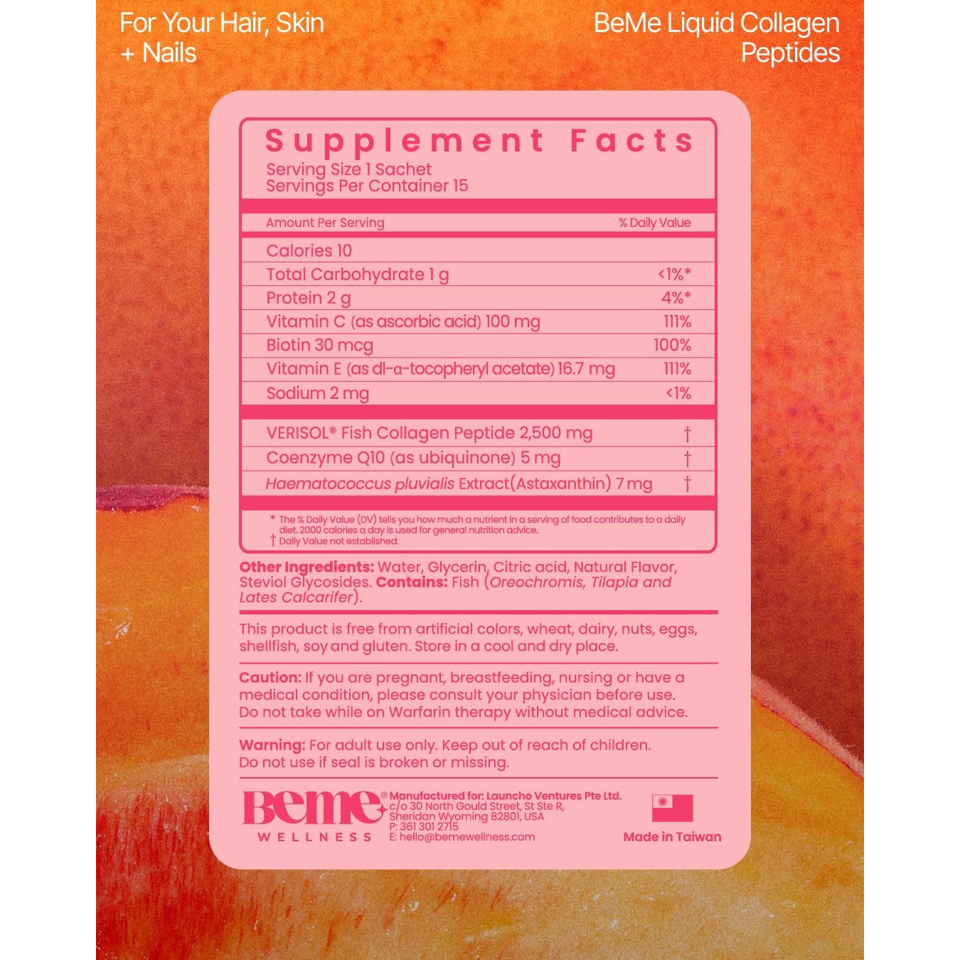 Beme Liquid Collagen for Women - 2500Mg Verisol Collagen Liquid with Biotin, Coq10 & Vitamin C - Clinically Proven Collagen Peptides for Hair, Skin & Nails - 30 Peach Sachets