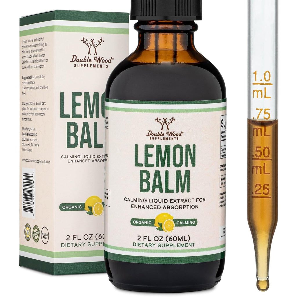 Double Wood Supplements Organic Lemon Balm Tincture - for Digestion & Relaxation 590Mg - 2FL OZ, 120 Servings (Better Absorbed than Capsules, Great for Lemon Balm Tea)