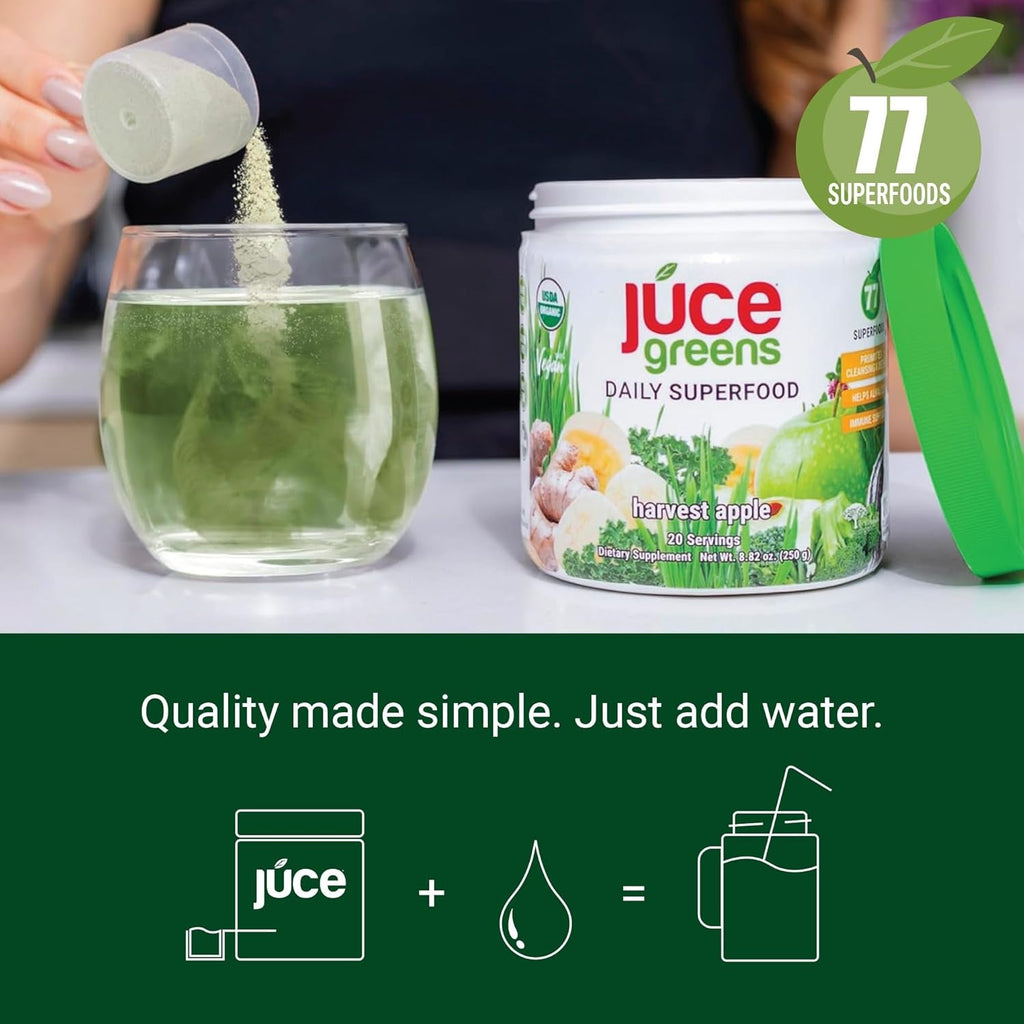 Terra Kai Organics JUCE Green Superfood Powder, Organic Fruits and Veggies Supplement W/ 77 Superfoods plus Prebiotic Probiotic Blend, Harvest Apple Flavor - 20 Servings (250 G)