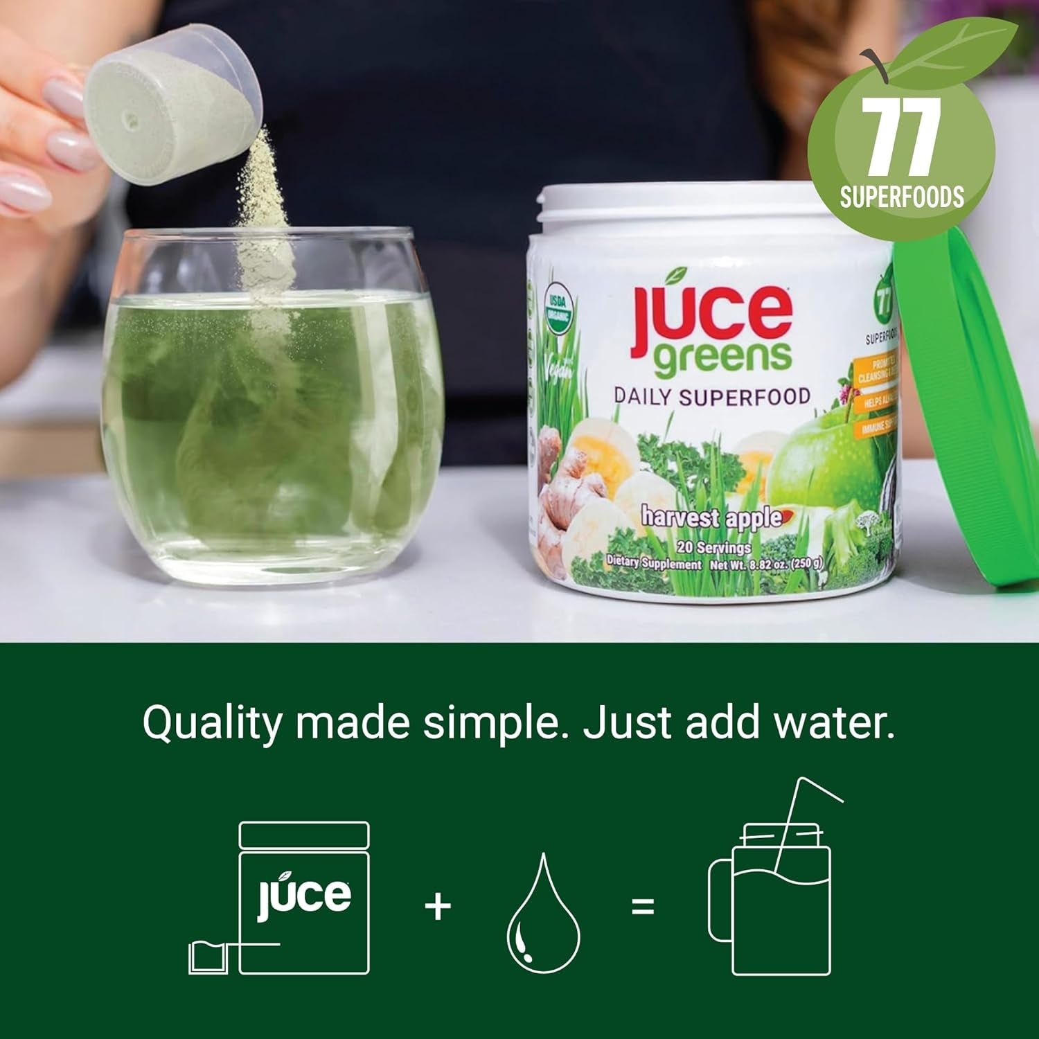 Terra Kai Organics JUCE Green Superfood Powder, Organic Fruits and Veggies Supplement W/ 77 Superfoods plus Prebiotic Probiotic Blend, Harvest Apple Flavor - 20 Servings (250 G)