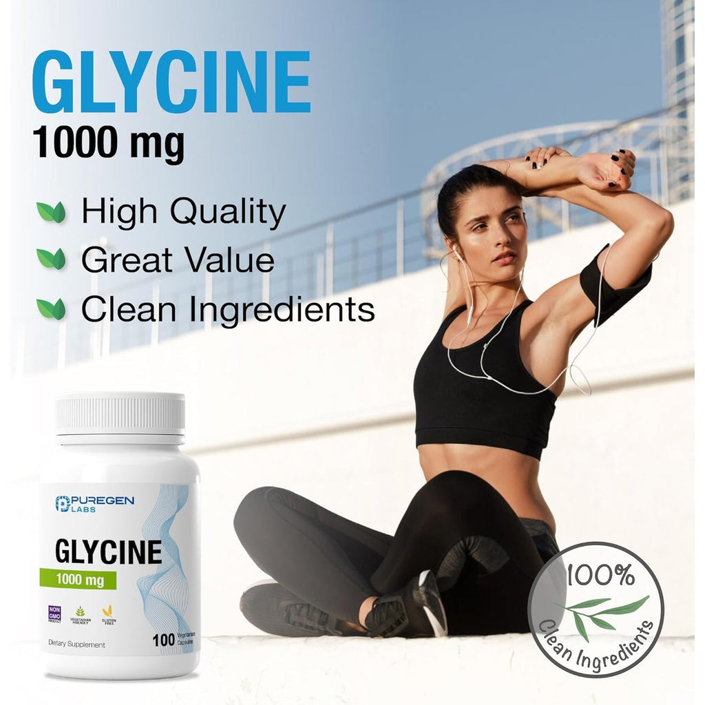 Puregen Labs Glycine 1000Mg [High Potency] 100 Vegetarian Capsules, Promotes Healthy Rest | No Harmful Additives | Non-Gmo, NO Gluten and Dairy -100 Servings