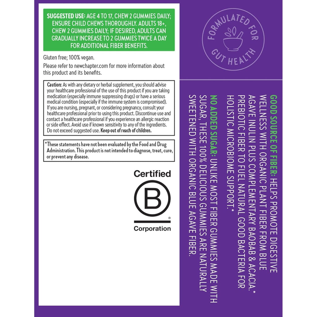 New Chapter Organic Fiber Gummies for Adults & Kids (Age 4+), Plant-Based Prebiotic Fiber for Digestive Health, Vegan, Non-Gmo, USDA Organic, Gluten Free, Citrus-Berry Flavored, 60 Ct