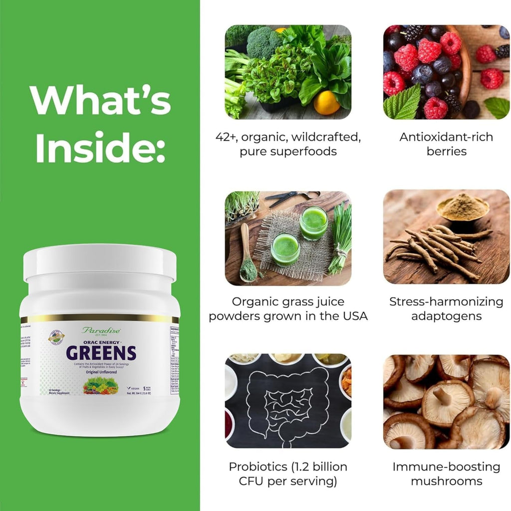 Paradise, ORAC Energy Greens Powder Extract, Super Antioxidants, Probiotics for Gut Health & Digestion, Vitamin C for Immunity, with Spirulina & Chlorella, Non-Gmo, Gluten Free, 60 Servings