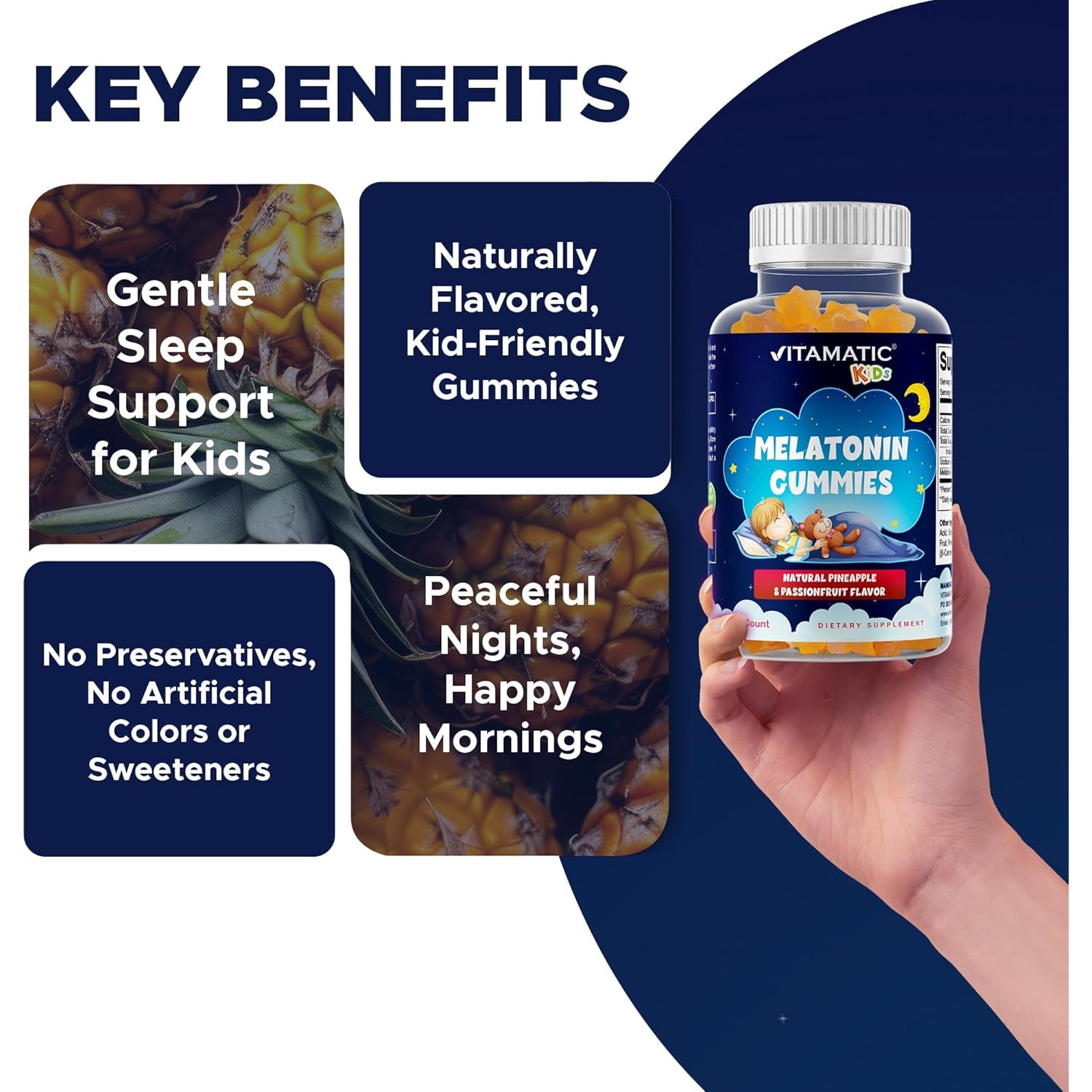 Vitamatic Sugar Free Kids Melatonin 1Mg, 90 Gummies, Pineapple & Passionfruit Flavored Gummies, 90 Days Supply