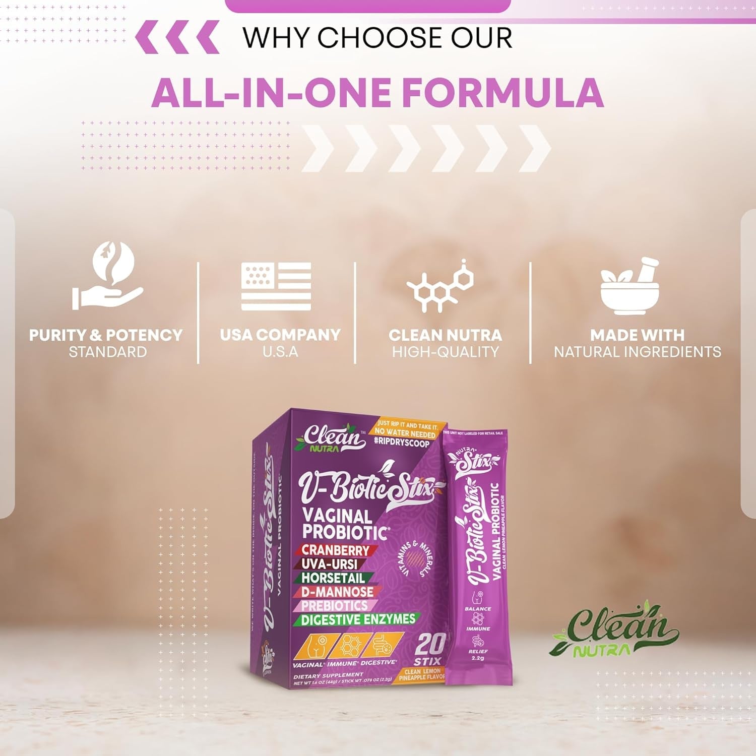 Clean Nutraceuticals Vaginal Probiotics for Women with Cranberry Extract, D-Mannose, Prebiotics, Ph Balance for Women, Vaginal Health – Womens Probiotic Alternative to Gummies - 20 Stix