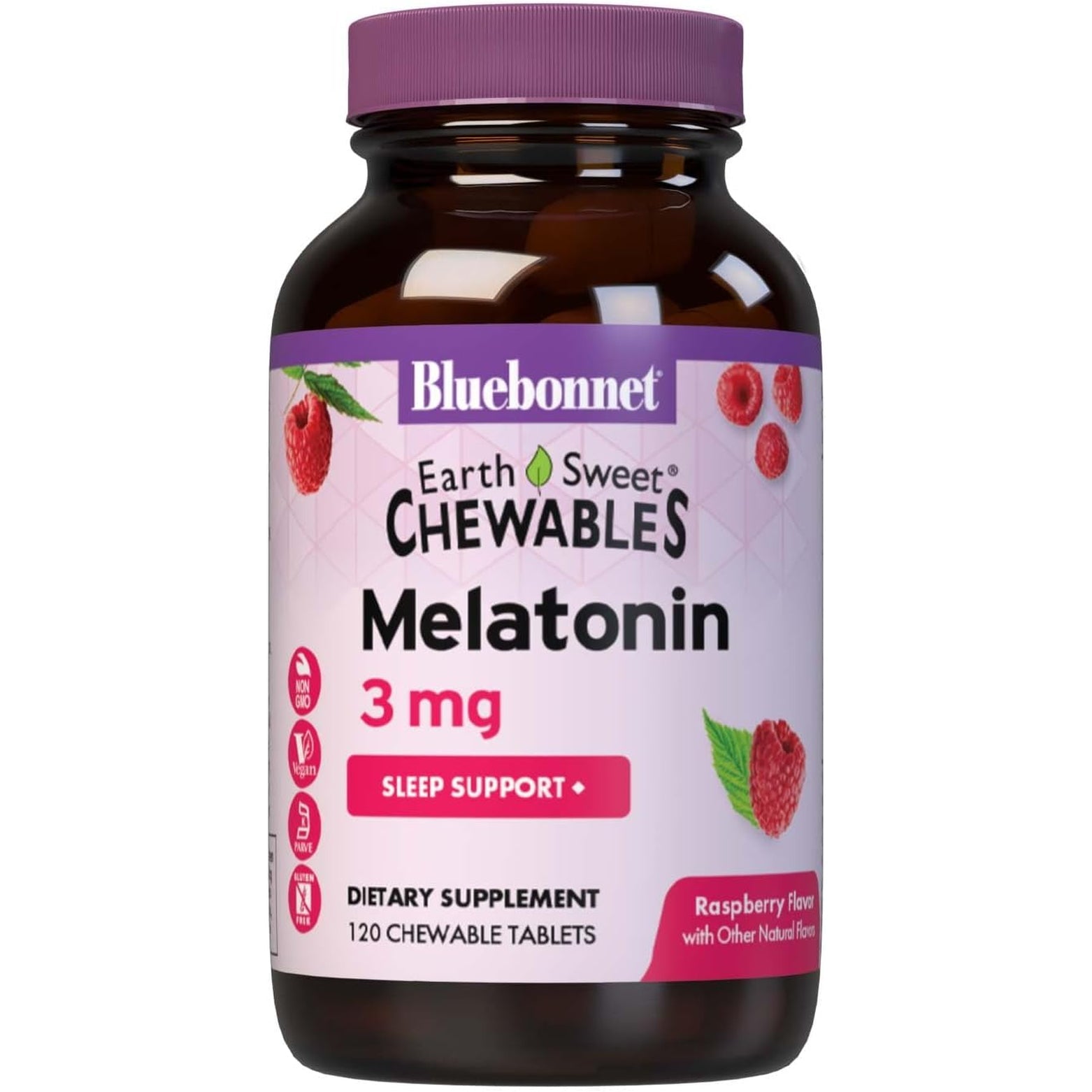 Bluebonnet Nutrition Earthsweet Melatonin 3 Mg Fast-Acting Quick Dissolve Nighttime Relaxation & Restful Sleep Support - Sleep Aid - Gluten-Free, Vegan - Raspberry Flavor - 120 Chewable Tablets