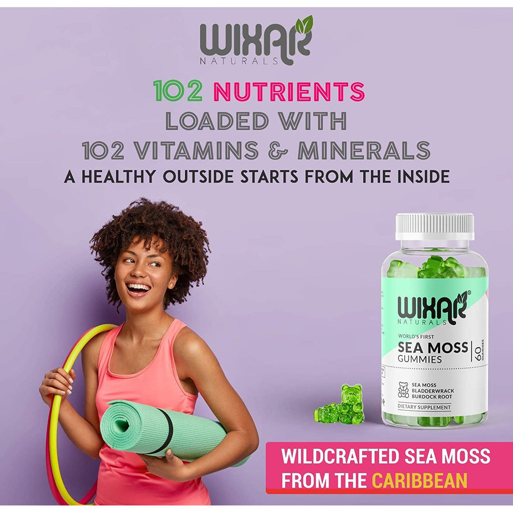 WIXAR NATURALS Sea Moss Gummies - Natural Irish Sea Moss and Bladderwrack with Burdock Gummy - 60 Gummies - Vegan - Healthy Immune, Gut & Overall Wellness Support - Herbal Alkaline Supplements