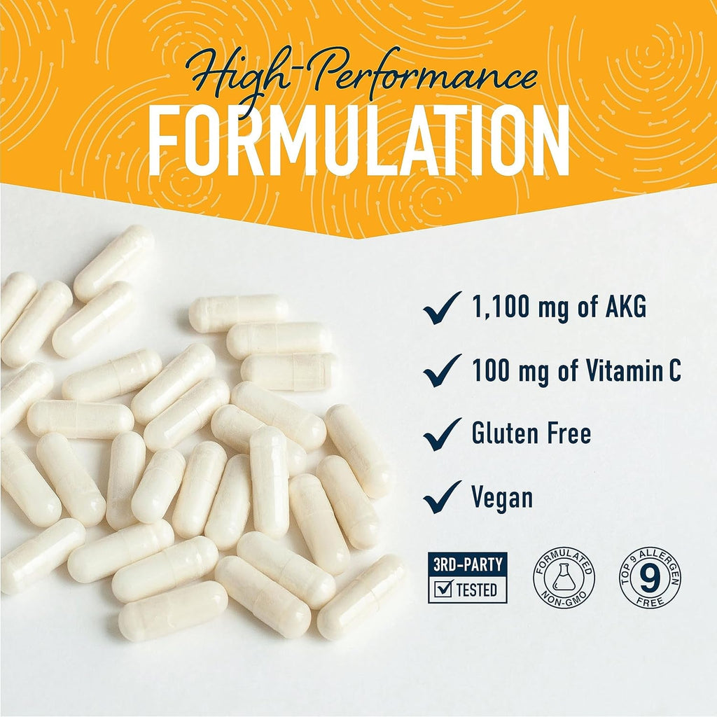 AKG Supplement | 1100MG per Serving | Arginine Alpha Ketoglutarate with Calcium + Vitamin C | AAKG Supplement for Healthy Aging, Longevity, Energy, and Focus | 180 AAKG Capsules | Vegan, Non-Gmo