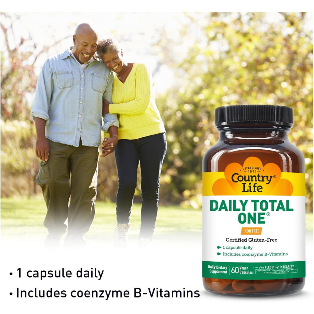 Country Life Daily Total One Multivitamin, Iron Free Once a Day Multivitamin & Multimineral Complex, Vitamins A, C, D, Including Coenzyme B-Vitamins, Supports Energy Metabolism, 60 Vegan Capsules